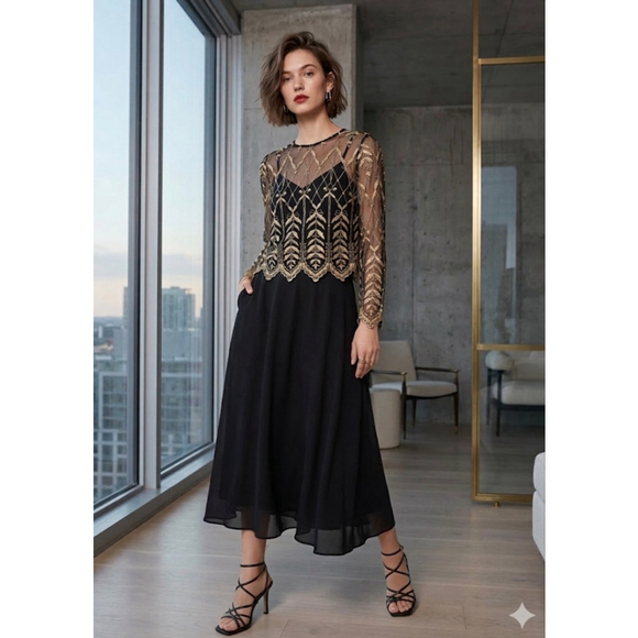 Cachet Petite by Bari Protas Dresses & Skirts - Vintage Cachet Petite by Bari Protas Black Gold Long Sleeve Dress 4P
